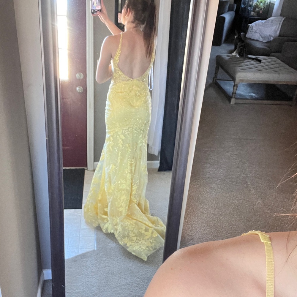 Jovani Yellow Spaghetti Strap Backless Gown